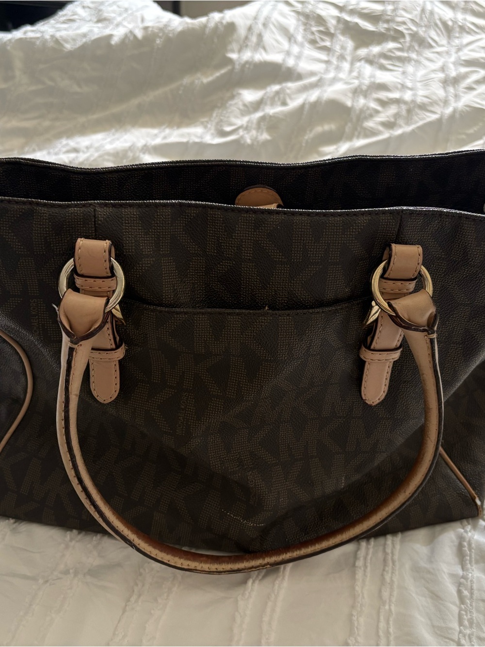 Michael Kors Brown Monogram Medium Tote with Tan Leather Accent